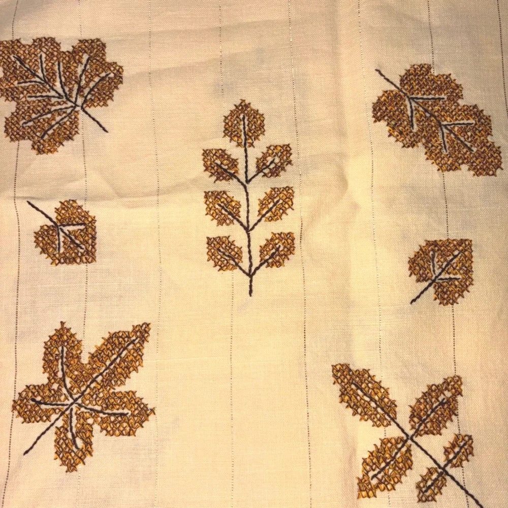 Vintage Embroidered Fall Leaf Table Cloth 60x75 Cream Gold Pinstripe Harvest